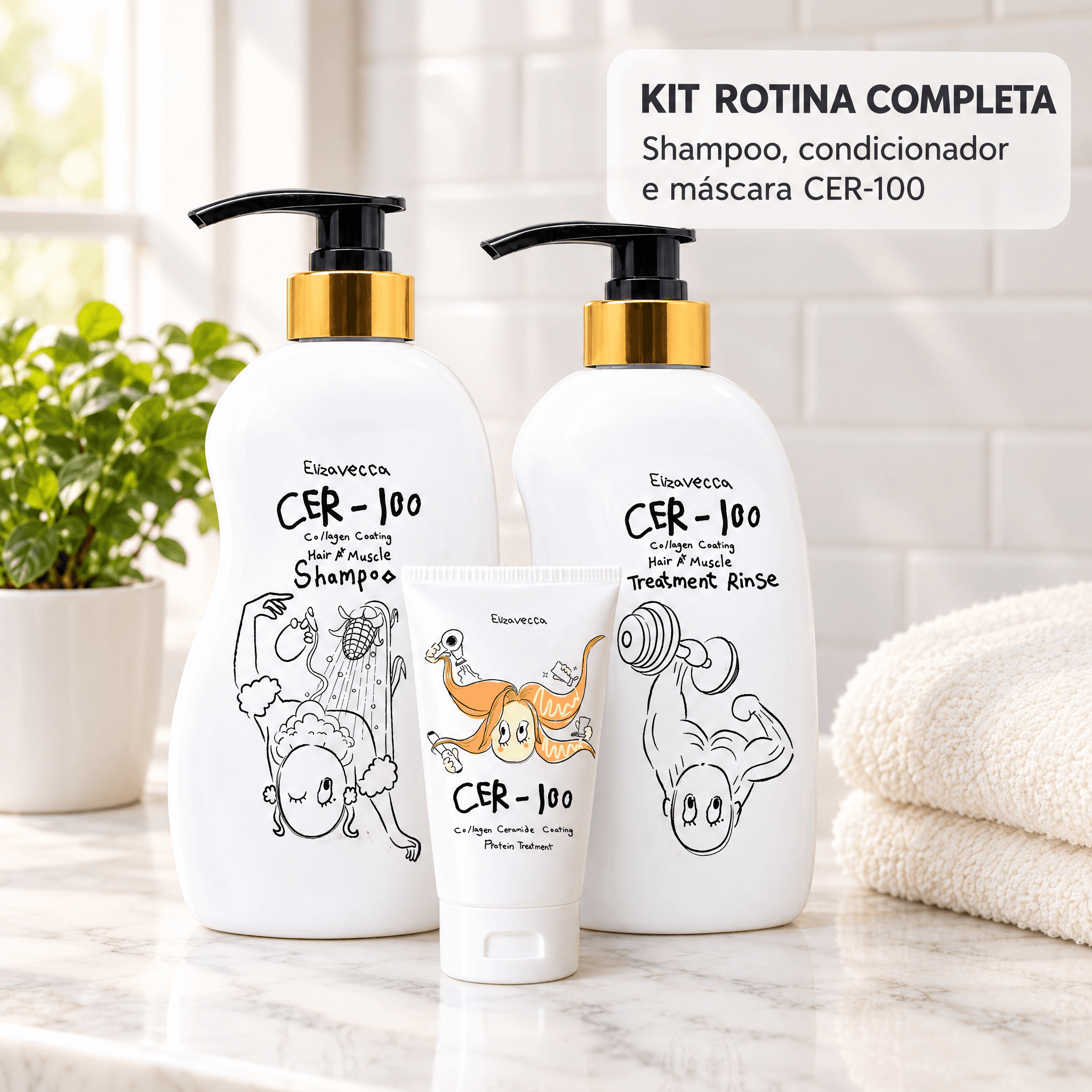 Kit Rotina Completa CER-100 — produtos no banheiro